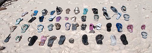 55 plastic shoes collected by 2 people in 10 minute on a very remote island in West Papua